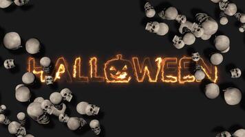 3D Skulls Floating on Corners, Happy Halloween Text Appears Behind it,3D Rendering video