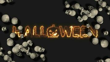 3d Schädel schwebend auf Ecken, glücklich Halloween Text erscheint hinter es,3d Rendern video