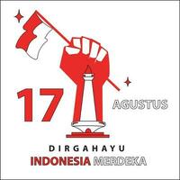 17 de agosto Indonesia independencia vector ilustración diseño con monas y mano participación indonesio bandera.adecuada para logo, icono, camiseta diseño, pegatina, concepto, póster, sitio web, anuncio publicitario.