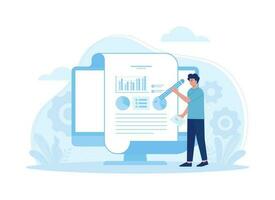 Worker analyzing digital data, charts and graphs concept flat illustration vector