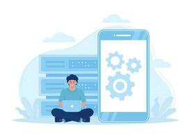 A man maintenance big data applications via smartphone. data processing software, database management concept flat illustration vector