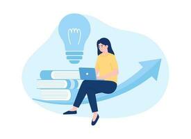 A woman using a laptop for distance learning, adding innovation concept flat illustration vector