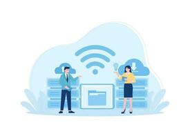 Two characters with cloud storage icon concept flat illustration vector