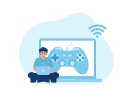 Playing games on the computer concept flat illustration vector