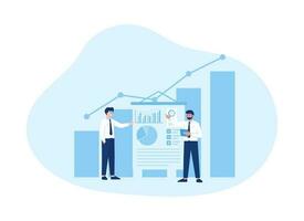 Two people are presenting with business growth analyst data concept flat illustration vector