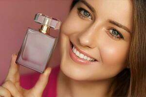 perfume, belleza producto y productos cosméticos modelo cara retrato en rosado fondo, hermosa mujer participación fragancia botella con floral femenino aroma, Moda y maquillaje foto