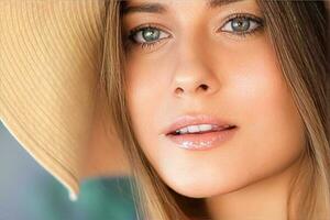 Fashion, travel and beauty face portrait of young woman, beautiful model wearing beach sun hat in summer, head accessory and style photo