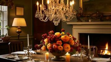 comida habitación decoración, interior diseño y otoño fiesta celebracion, elegante otoñal mesa decoración con velas y flores, hogar decoración y país cabaña estilo foto
