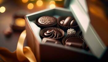 chocolates y chocolate bombones en un regalo caja como un lujo fiesta presente, generativo ai foto