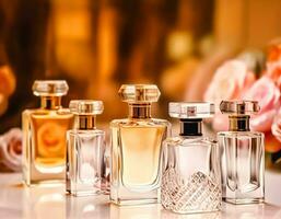 Luxury fragrance bottles at perfume scent at presentation event, bespoke perfumery and beauty product sale, generative ai photo