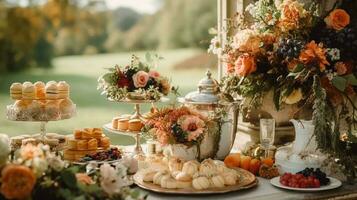 Autumnal dessert buffet table, event food catering for wedding, party and holiday celebration, cakes, sweets and desserts in autumn garden, generative ai photo