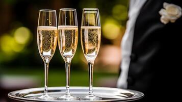 Luxury service, glasses of champagne served by a waiter at a wedding celebration or event in formal English style at luxurious hotel or country estate garden, generative ai photo