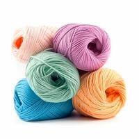 Yarn balls for knitting and crochet isolated on white background, cotton wool clews and skeins as natural organic material for knitwear, diy handmade fashion, generative ai photo