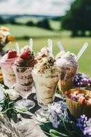 Ice cream desserts buffet table, event food catering for wedding, party and holiday celebration, ice creams and flowers decor in a floral countryside garden, generative ai photo