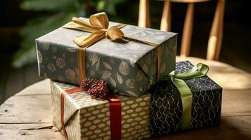 Navidad regalos y regalos, país cabaña rústico estilo regalo cajas para día festivo, boxeo día y Días festivos compras, generativo ai foto