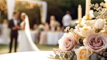 Boda ceremonia y celebracion, novia y novio a un hermosa al aire libre lugar de eventos en un soleado día, lujo Boda decoración con flores y nupcial ramo, generativo ai foto