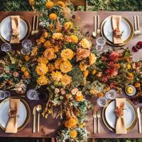 Autumn table scape, autumnal dinner table setting, holiday tablescape for wedding, birthday or party event celebration, generative ai photo