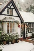hermosa país cabaña decorado para Navidad en un Nevado invierno día, fiesta y celebracion, generativo ai foto