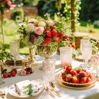 Country tablescape, formal dinner table setting, table scape with strawberry decoration for wedding party and holiday event celebration, photo