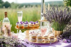 Dessert buffet table, food catering for wedding, party holiday celebration, lavender decor, cakes and desserts in a country garden, generative ai photo