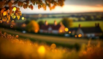 resumen otoño escena y Inglés país estilo casa pueblo en fondo, hermosa campo naturaleza con otoñal hojas y Bokeh, generativo ai foto