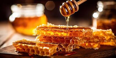 AI Generated. AI Generative. Honey honeycomb desert with wooden stick and glass. Healthy sugar desert. Graphic Art photo