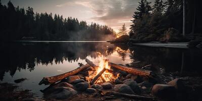 ai generado. ai generativo. al aire libre naturaleza salvaje paisaje hoguera hoguera acampar fuego relajarse frío lago playa lado. aventuras viaje relajarse onda. gráfico Arte foto