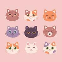 Collection of Cat faces. Cat characters with different emotions and facial expressions vector