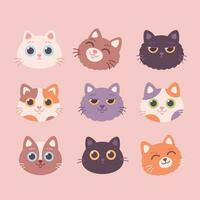 Collection of Cat faces. Cat characters with different emotions and facial expressions vector