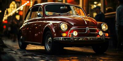 ai generado. ai generativo. clásico retro Clásico nostalgia coche fíat 500 en pequeño Italia noche calle ciudad. gráfico Arte foto