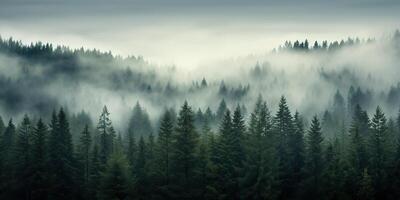 ai generado. ai generativo. aventuras al aire libre naturaleza niebla niebla nubes bosque arboles paisaje antecedentes salvaje explorar. gráfico Arte foto