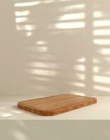 minimal scene with geometric forms. color on wood podium with sun light on white background. Scene to show cosmetic product, Showcase, shopfront, display case photo