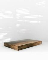 minimal scene with geometric forms. marble podium on wood podium with sun light on white background. Scene to show cosmetic product, Showcase, shopfront, display case photo