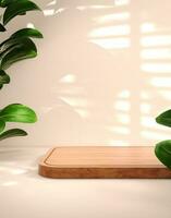 3d render minimal scene cylinder wooden with leaf product background photo