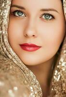 Beauty, luxury fashion and glamour, woman dressed in gold photo