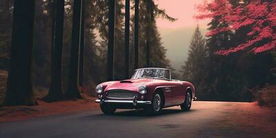 ai generado. ai generativo. antiguo retro Clásico clásico velocidad deporte músculo coche en otoño la carretera bosque. la carretera aventuras viaje auto transporte explorar onda. gráfico Arte foto