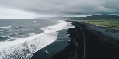 AI Generated. AI Generative. Iceland aerial air drone view. Cost beach ocean wave line. Black sand landscape. Adventure nature travel vibe. Graphic Art photo