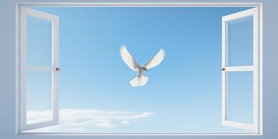 . . Wild open window with flying bird. Free freedom nature go away life vibe. Graphic Art photo