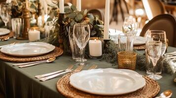 Sage green holiday tablescape, formal dinner table setting, table scape with decoration for wedding party and event celebration, photo