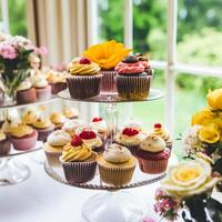 pastelitos, pasteles, bollos y magdalenas y fiesta decoración al aire libre a el Inglés país estilo jardín, dulce postres para boda, cumpleaños o fiesta celebracion, generativo ai foto