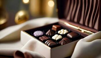 chocolates y chocolate bombones en un regalo caja como un lujo fiesta presente, generativo ai foto