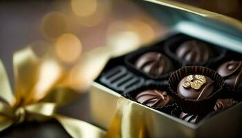 chocolates y chocolate bombones en un regalo caja como un lujo fiesta presente, generativo ai foto