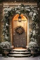 Christmas holiday, country cottage and snowing winter, wreath decoration on a door, Merry Christmas and Happy Holidays wishes, generative ai photo