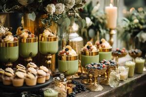 Dessert buffet table, event food catering for wedding, party and holiday celebration, cakes, sweets and desserts, generative ai photo