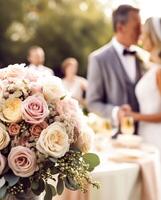 Wedding ceremony and celebration, bride and groom at a beautiful outdoor venue on a sunny day, luxury wedding decor with flowers and bridal bouquet, generative ai photo