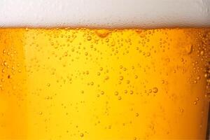 Close-up glass of cold beer with foam as texture and background, post-processed, generative ai photo