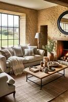 Modern cottage sitting room decor, interior design, living room furniture in neutral colours and fireplace, home decor in elegant English country house style, generative ai photo