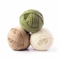 Yarn balls for knitting and crochet isolated on white background, cotton wool clews and skeins as natural organic material for knitwear, diy handmade fashion, generative ai photo