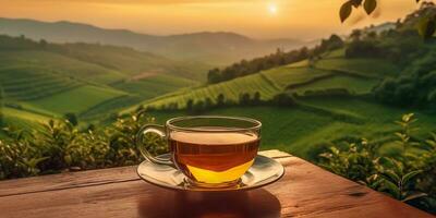 AI Generated. AI Generative. Cup of green tea with field green plantation mountain background scene. Graphic Art photo