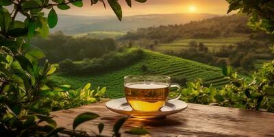 AI Generated. AI Generative. Cup of green tea with field green plantation mountain background scene. Graphic Art photo